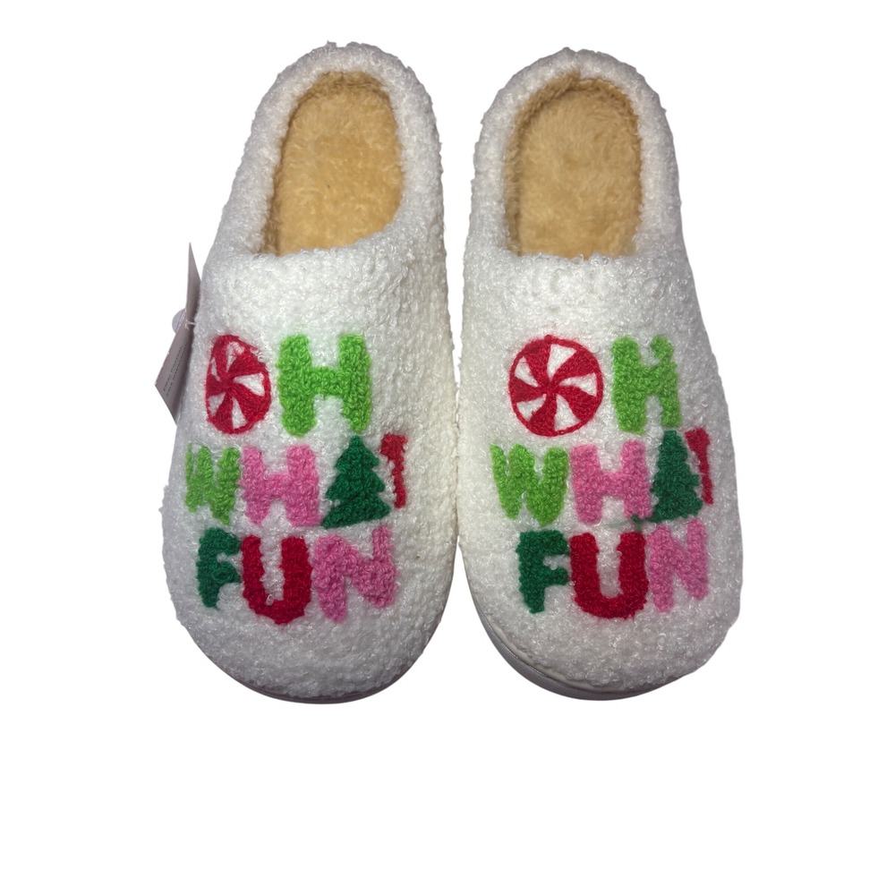 Womens Oh What Fun Christmas Sherpa Slippers White Holiday Mules Large 9-10 NWT